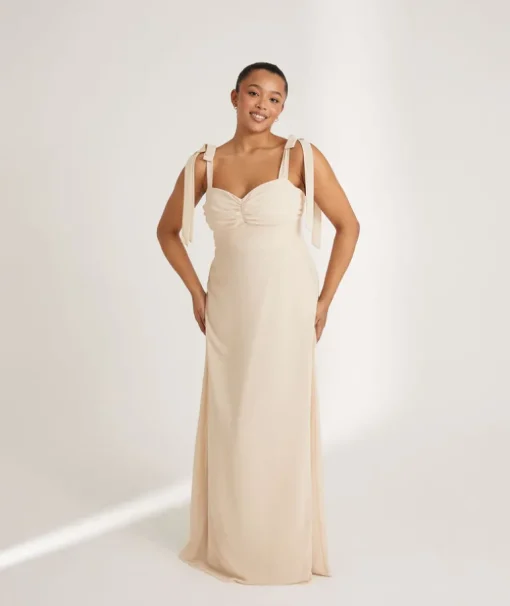 Bow Tie Shoulder Chiffon Bridesmaid Dress - Butter Cream