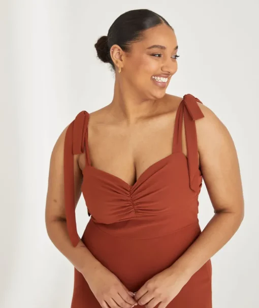 Bow Tie Shoulder Chiffon Bridesmaid Dress - Rust