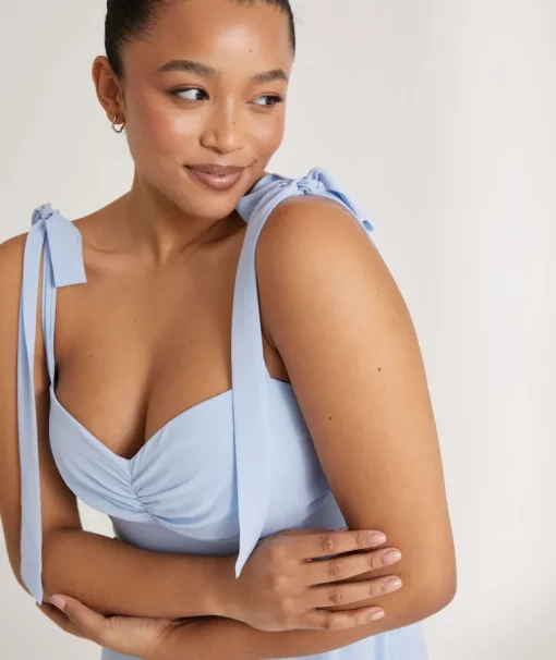 Bow Tie Shoulder Chiffon Bridesmaid Dress - Cornflower Blue