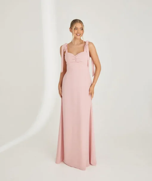 Bow Tie Shoulder Chiffon Bridesmaid Dress - Peony Pink