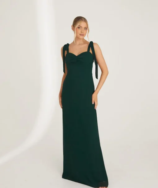 Bow Tie Shoulder Chiffon Bridesmaid Dress - Emerald