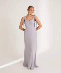 Bow Tie Shoulder Chiffon Bridesmaid Dress - Dusty Lilac