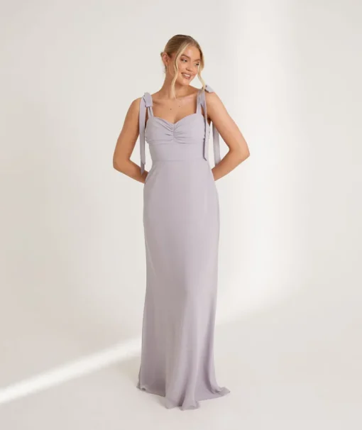 Bow Tie Shoulder Chiffon Bridesmaid Dress - Dusty Lilac