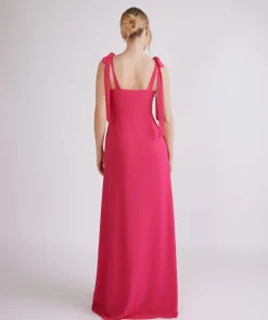 Bow Tie Shoulder Chiffon Bridesmaid Dress - Fuchsia Pink