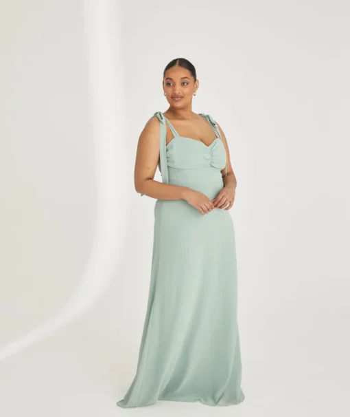 Bow Tie Shoulder Chiffon Bridesmaid Dress - Sage