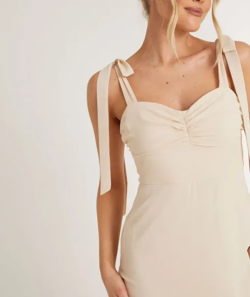 Bow Tie Shoulder Chiffon Bridesmaid Dress - Butter Cream