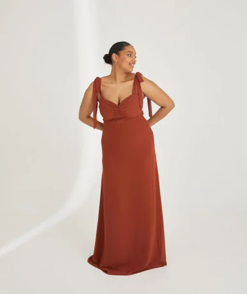 Bow Tie Shoulder Chiffon Bridesmaid Dress - Rust
