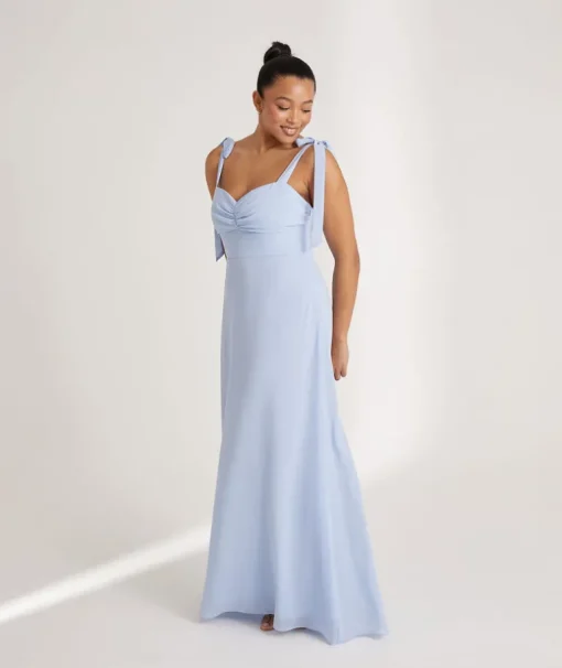 Bow Tie Shoulder Chiffon Bridesmaid Dress - Cornflower Blue