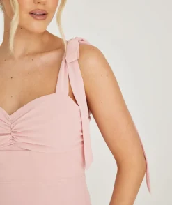Bow Tie Shoulder Chiffon Bridesmaid Dress - Peony Pink