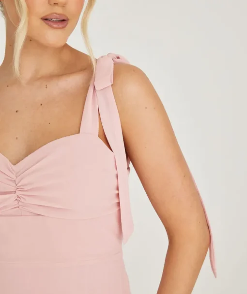 Bow Tie Shoulder Chiffon Bridesmaid Dress - Peony Pink
