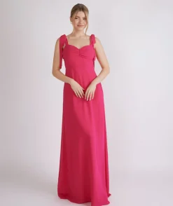 Bow Tie Shoulder Chiffon Bridesmaid Dress - Fuchsia Pink