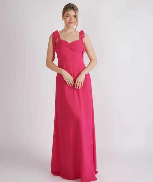 Bow Tie Shoulder Chiffon Bridesmaid Dress - Fuchsia Pink