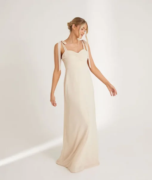 Bow Tie Shoulder Chiffon Bridesmaid Dress - Butter Cream