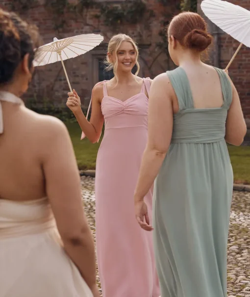 Bow Tie Shoulder Chiffon Bridesmaid Dress - Peony Pink