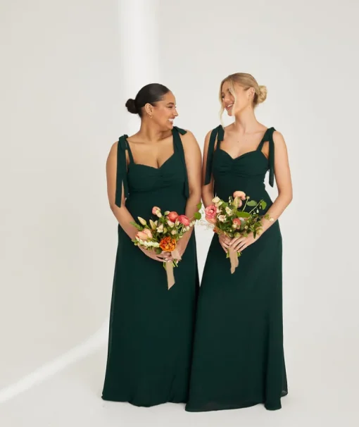 Bow Tie Shoulder Chiffon Bridesmaid Dress - Emerald