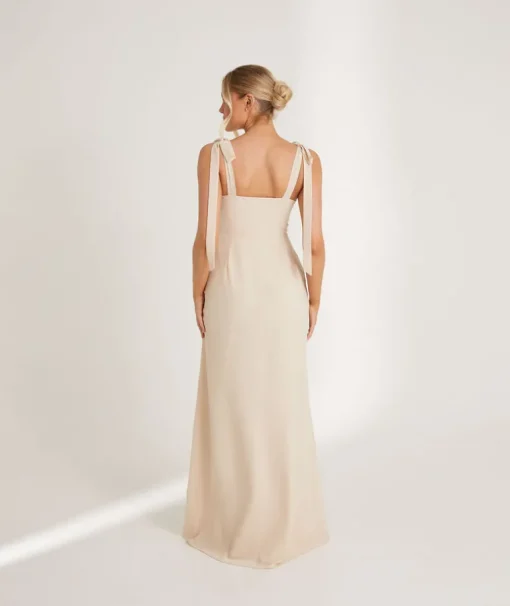 Bow Tie Shoulder Chiffon Bridesmaid Dress - Butter Cream