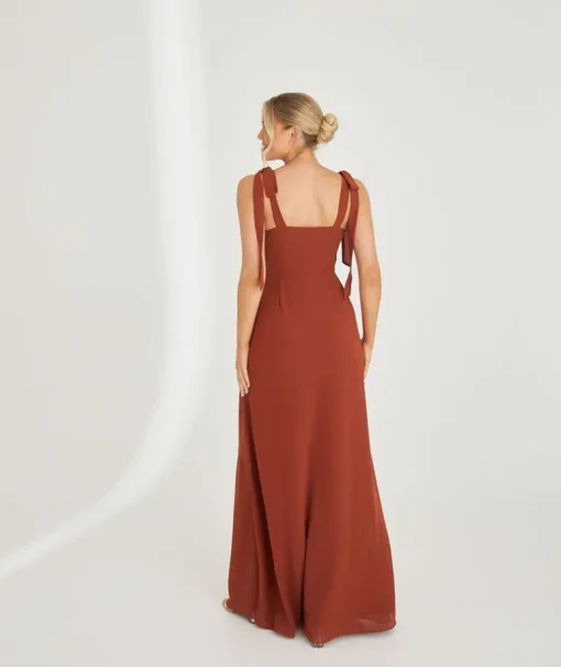 Bow Tie Shoulder Chiffon Bridesmaid Dress - Rust