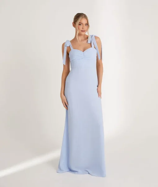 Bow Tie Shoulder Chiffon Bridesmaid Dress - Cornflower Blue