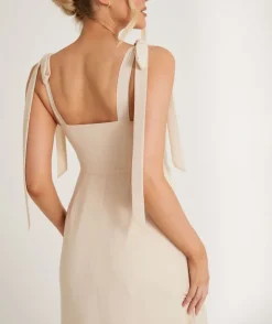 Bow Tie Shoulder Chiffon Bridesmaid Dress - Butter Cream