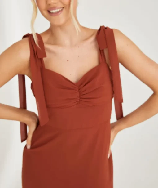 Bow Tie Shoulder Chiffon Bridesmaid Dress - Rust