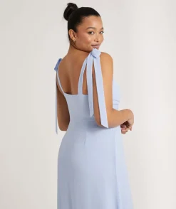 Bow Tie Shoulder Chiffon Bridesmaid Dress - Cornflower Blue