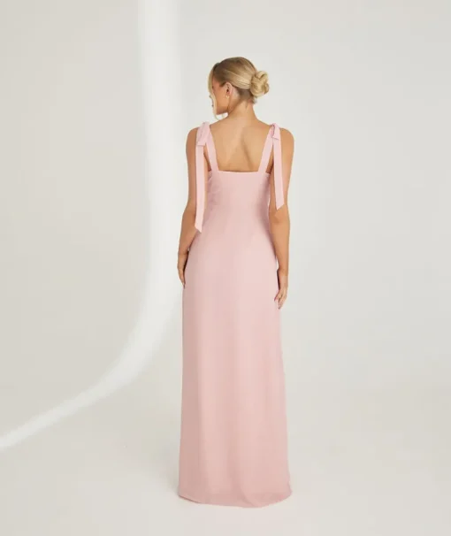 Bow Tie Shoulder Chiffon Bridesmaid Dress - Peony Pink