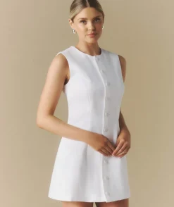 Button Through Satin Tailored Mini Dress - White