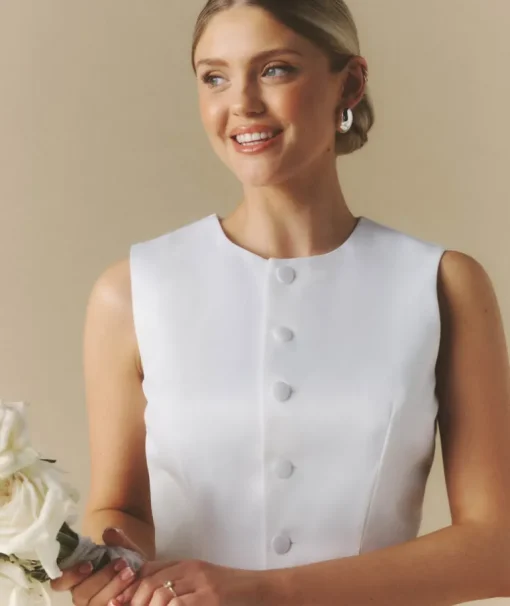 Button Through Satin Tailored Mini Dress - White
