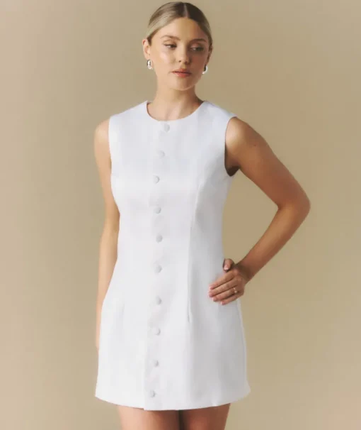 Button Through Satin Tailored Mini Dress - White