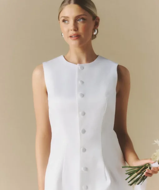Button Through Satin Tailored Mini Dress - White