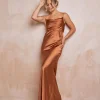 Cami Cowl Front Satin Bridesmaid Dress - Rust