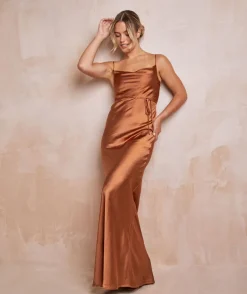 Cami Cowl Front Satin Bridesmaid Dress - Rust