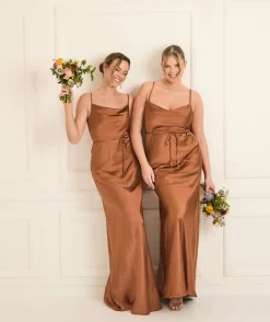 Cami Cowl Front Satin Bridesmaid Dress - Rust