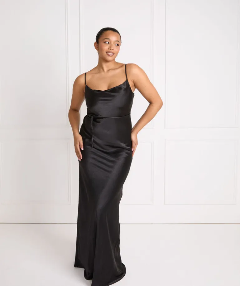 Cami Cowl Front Satin Bridesmaid Dress - Black