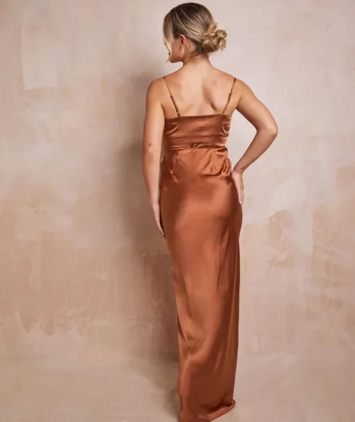 Cami Cowl Front Satin Bridesmaid Dress - Rust