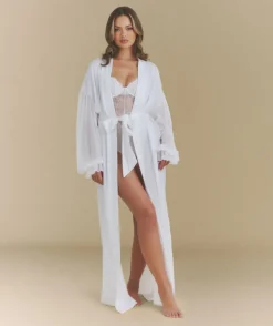 Chiffon Sleeve Maxi Satin Robe - White