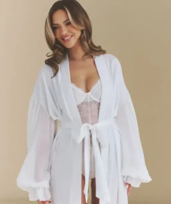 Chiffon Sleeve Maxi Satin Robe - White