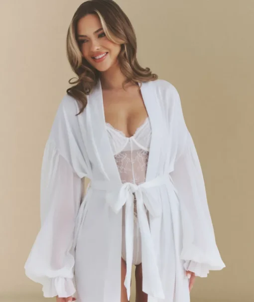 Chiffon Sleeve Maxi Satin Robe - White