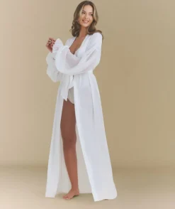 Chiffon Sleeve Maxi Satin Robe - White