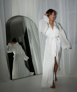 Chiffon Sleeve Maxi Satin Robe - White