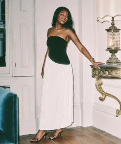 Contrast Bandeau Pleated Maxi Dress - Mono