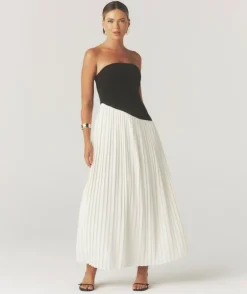 Contrast Bandeau Pleated Maxi Dress - Mono