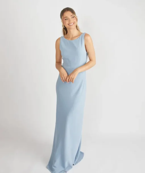 Cowl Back Crepe Bridesmaid Dress - Pale Blue
