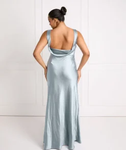 Cowl Back Satin Bridesmaid Dress - Dusty Blue