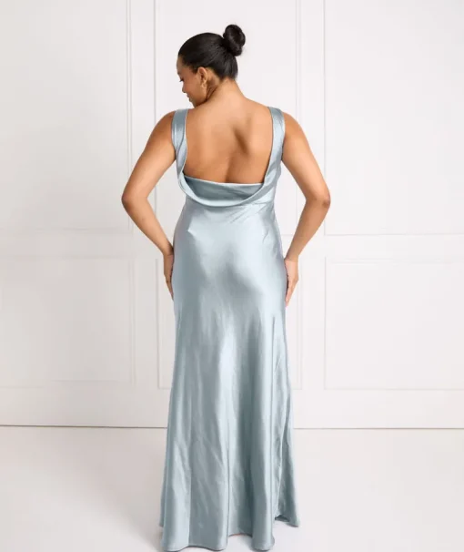 Cowl Back Satin Bridesmaid Dress - Dusty Blue