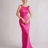 Cowl Back Satin Bridesmaid Dress - Fuchsia Pink