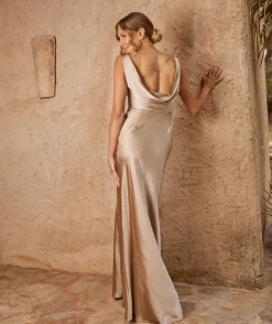 Cowl Back Satin Bridesmaid Dress - Champagne