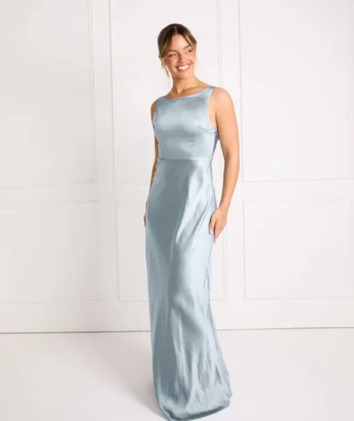Cowl Back Satin Bridesmaid Dress - Dusty Blue