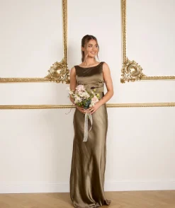 Cowl Back Satin Bridesmaid Dress - Olive