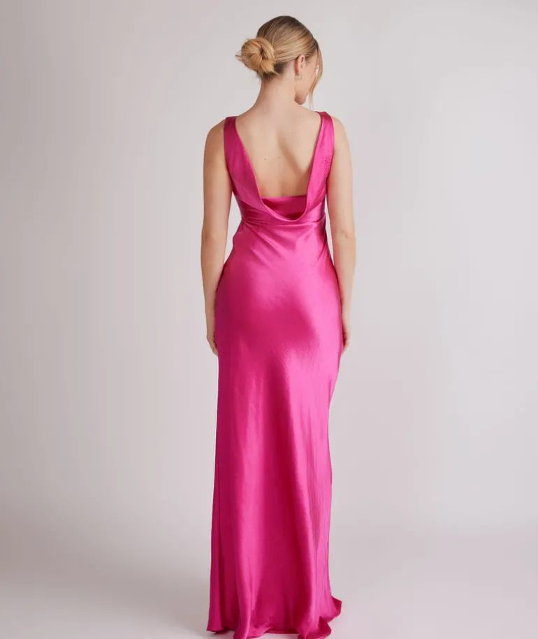 Cowl Back Satin Bridesmaid Dress - Fuchsia Pink